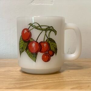 Vintage Cherry Fruit White Milk Glass Coffee Tea Mug Glasbake